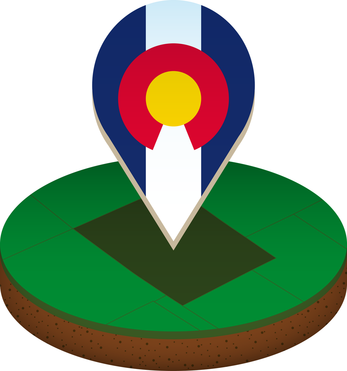 Isometric round map of Colorado with flag.